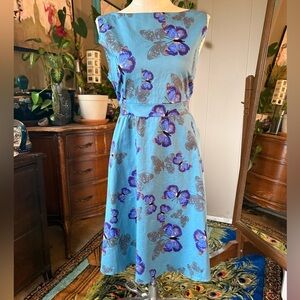 Vibrant Retro Blue Fit And Flare Butterfly Midi Dress, 2X